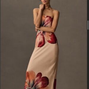 Anthropologie Strapless Dress with Red and Orange Floral Design